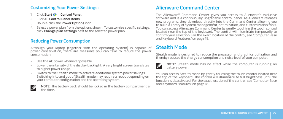 Alienware command center, Stealth mode, Alienware command center stealth mode | Customizing your power settings, Reducing power consumption | Dell Alienware M17x R2 (Early 2010) User Manual | Page 27 / 62