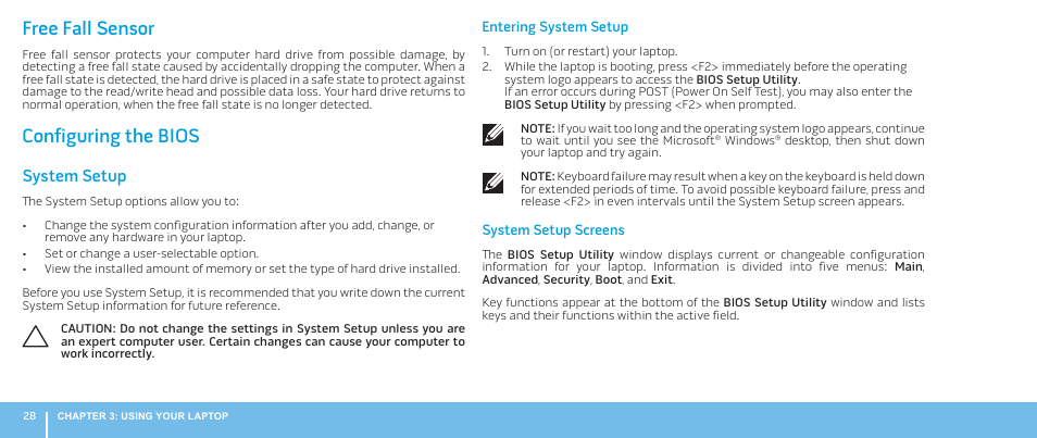 Free fall sensor, Configuring the bios, Free fall sensor configuring the bios | System setup | Dell Alienware M17x R2 (Early 2010) User Manual | Page 28 / 62