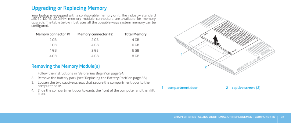 Upgrading or replacing memory | Dell Alienware M17x R2 (Early 2010) User Manual | Page 37 / 62