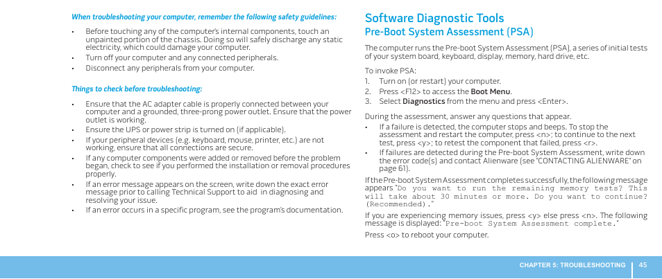 Software diagnostic tools, Pre-boot system assessment (psa) | Dell Alienware M17x R2 (Early 2010) User Manual | Page 45 / 62