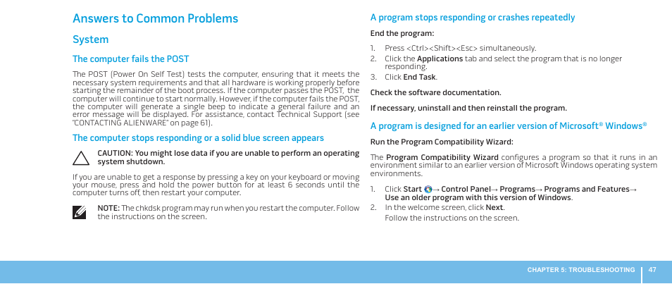 Answers to common problems, System | Dell Alienware M17x R2 (Early 2010) User Manual | Page 47 / 62