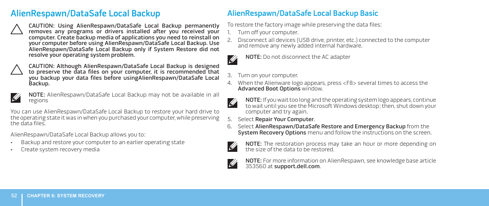 Alienrespawn/datasafe local backup, Alienrespawn/datasafe local backup basic | Dell Alienware M17x R2 (Early 2010) User Manual | Page 52 / 62