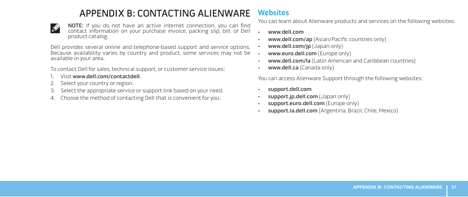 Appendix b: contacting alienware, Websites | Dell Alienware M17x R2 (Early 2010) User Manual | Page 61 / 62