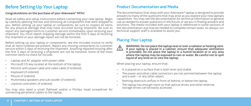 Before setting up your laptop, Product documentation and media, Placing your laptop | Dell Alienware M17x R2 (Early 2010) User Manual | Page 8 / 62