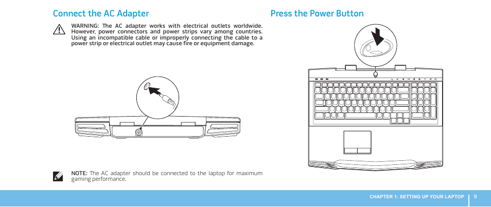 Connect the ac adapter, Press the power button, Connect the ac adapter press the power button | Press the power button connect the ac adapter | Dell Alienware M17x R2 (Early 2010) User Manual | Page 9 / 62