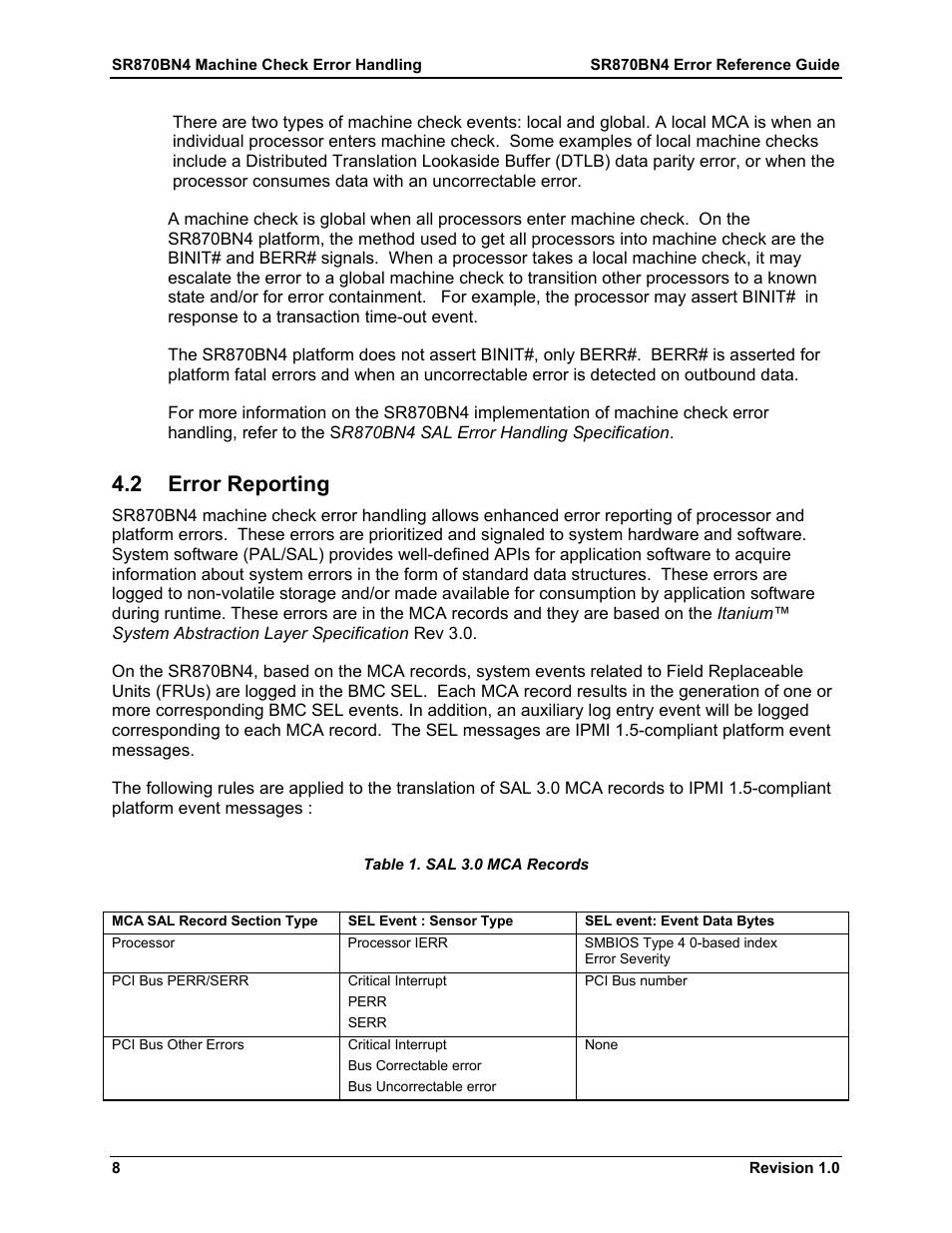 Error reporting, 2 error reporting, Table 1. sal 3.0 mca records | Dell PowerEdge 7250 User Manual | Page 14 / 44