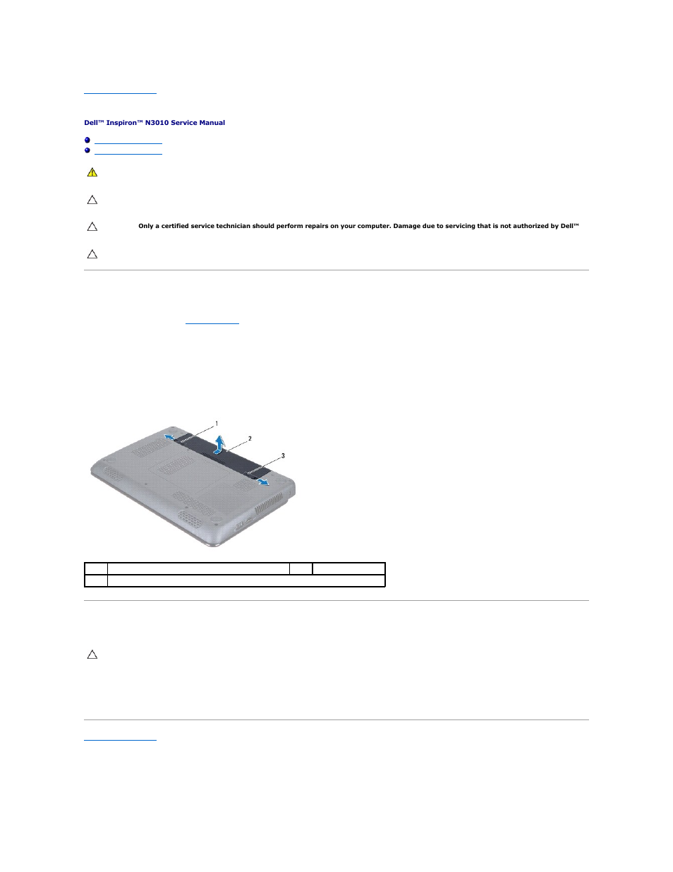 Battery, Removing the battery, Replacing the battery | Dell Inspiron 13 (N3010, Mid 2010) User Manual | Page 2 / 48