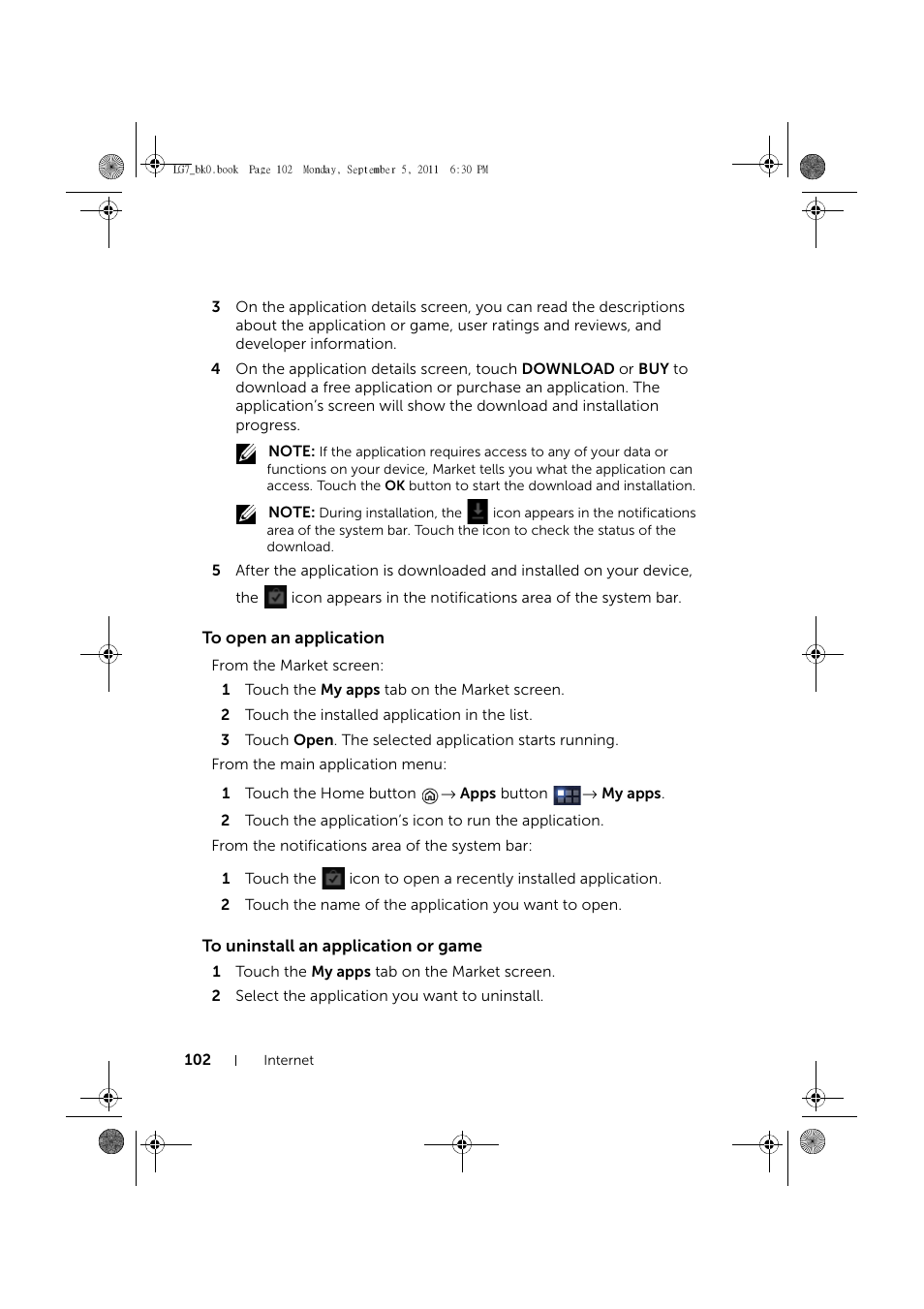 To open an application, To uninstall an application or game | Dell Mobile Streak 7 User Manual | Page 102 / 142