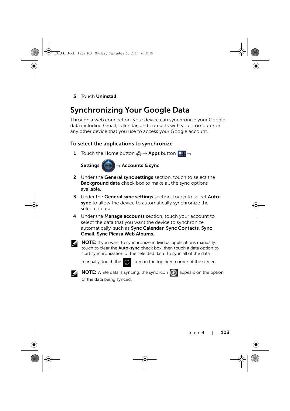 Synchronizing your google data, To select the applications to synchronize | Dell Mobile Streak 7 User Manual | Page 103 / 142