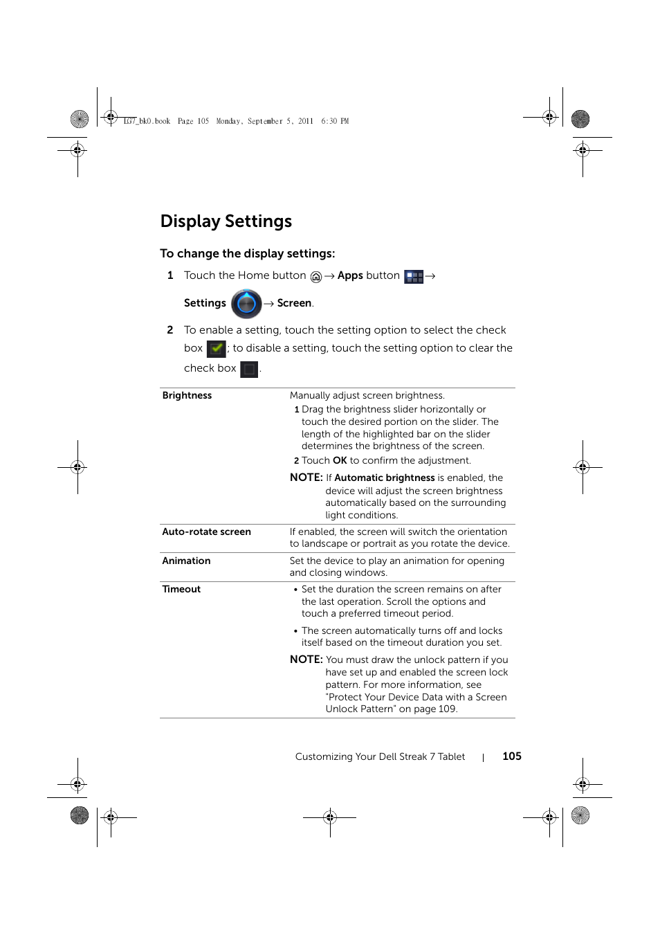 Display settings, To change the display settings | Dell Mobile Streak 7 User Manual | Page 105 / 142