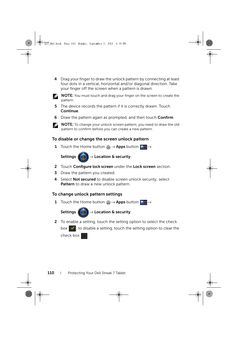 To disable or change the screen unlock pattern, To change unlock pattern settings | Dell Mobile Streak 7 User Manual | Page 110 / 142