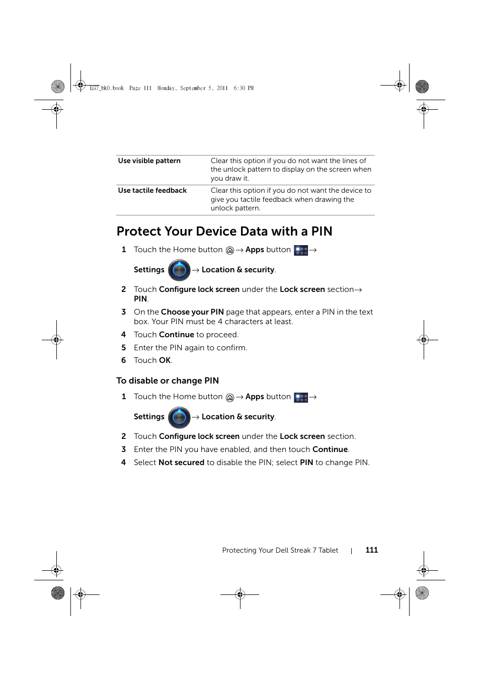 Protect your device data with a pin, To disable or change pin | Dell Mobile Streak 7 User Manual | Page 111 / 142