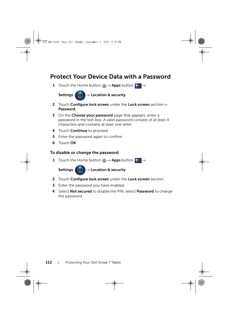 Protect your device data with a password, To disable or change the password | Dell Mobile Streak 7 User Manual | Page 112 / 142