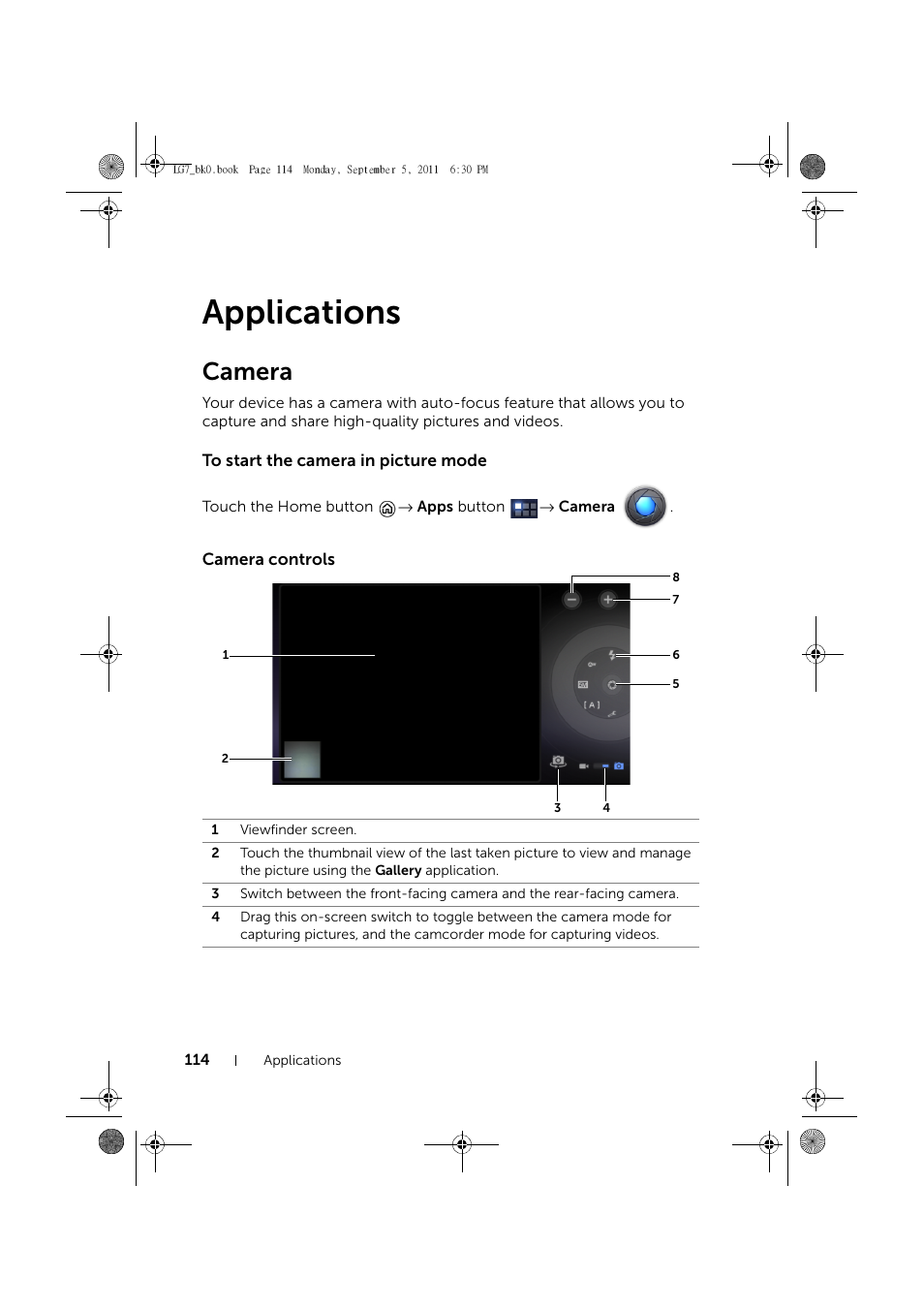 Applications, Camera, To start the camera in picture mode | Camera controls | Dell Mobile Streak 7 User Manual | Page 114 / 142