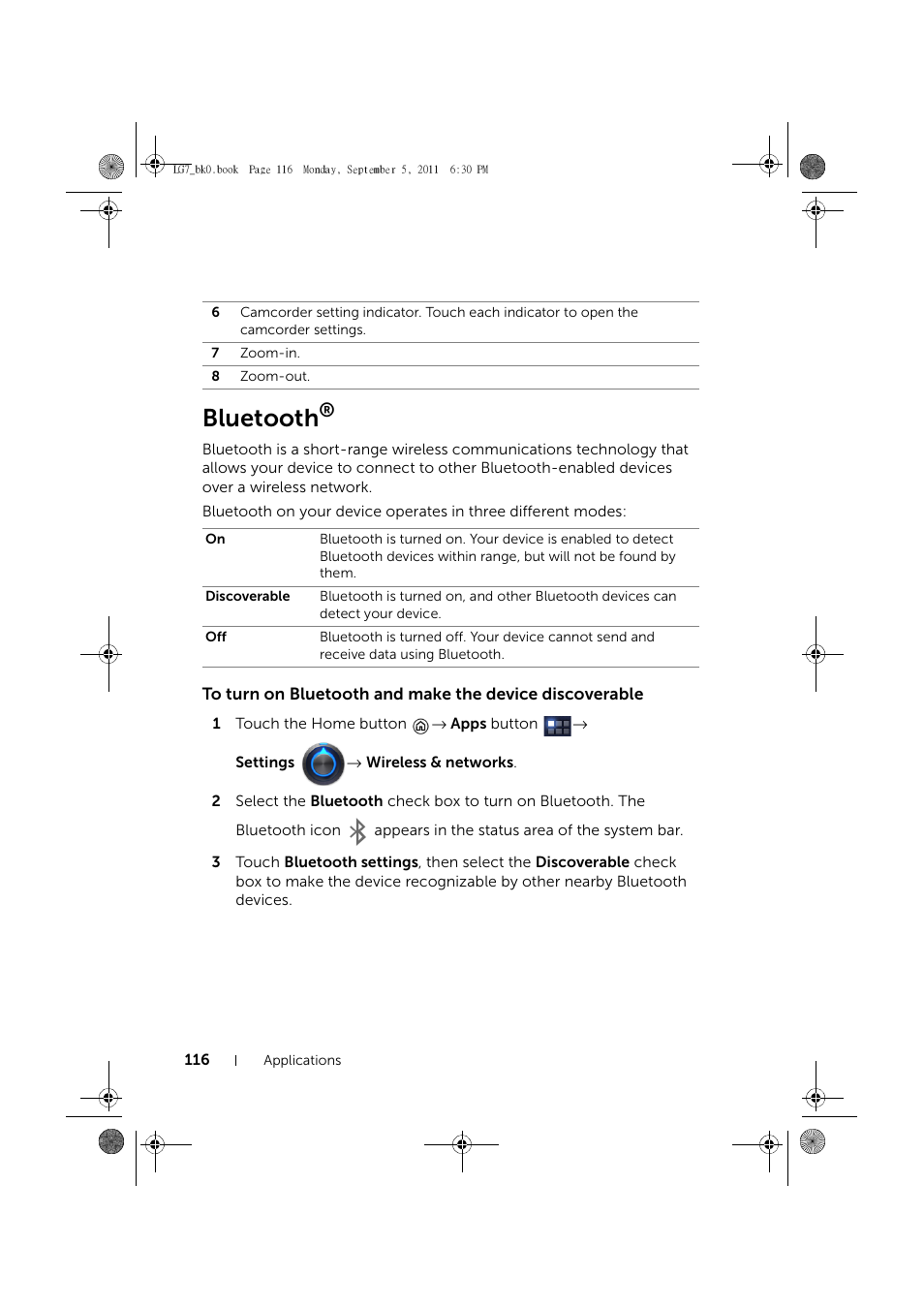 Bluetooth | Dell Mobile Streak 7 User Manual | Page 116 / 142