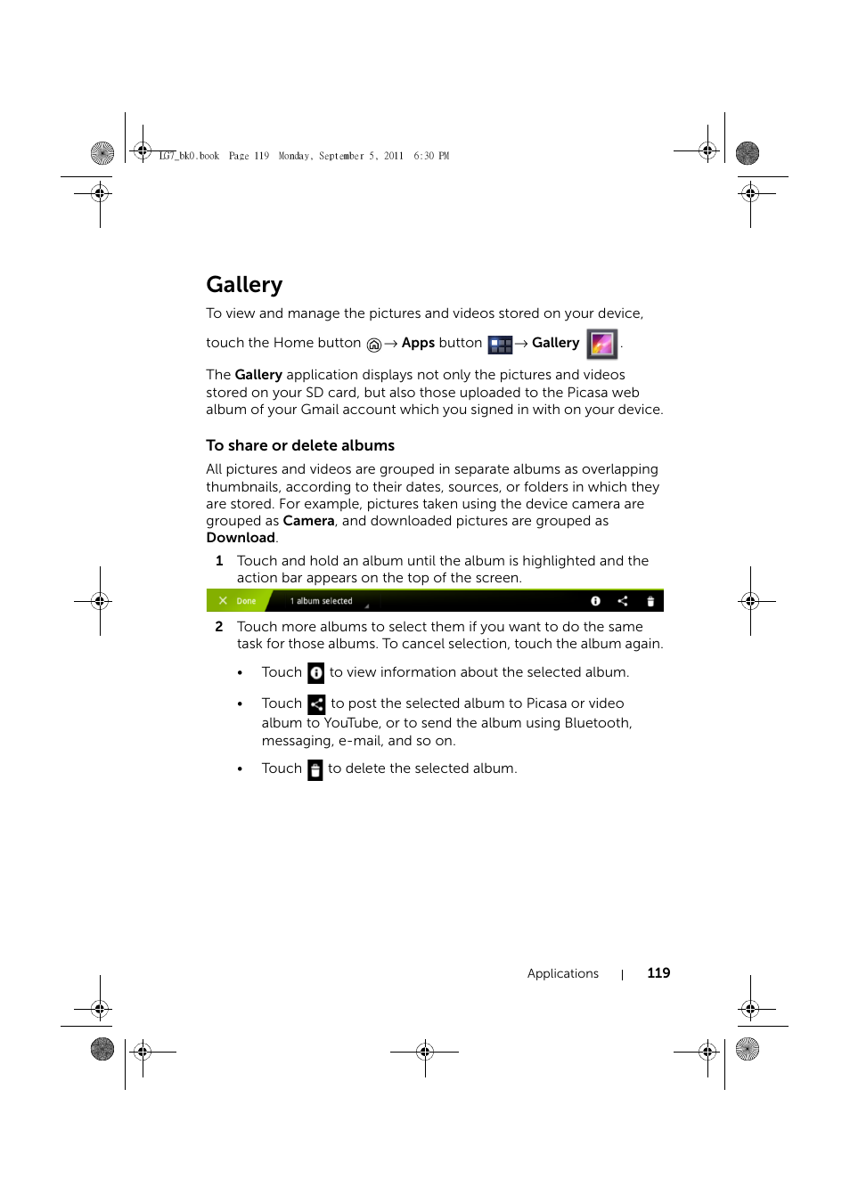 Gallery, To share or delete albums | Dell Mobile Streak 7 User Manual | Page 119 / 142