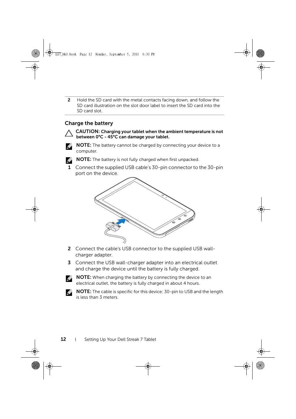 Charge the battery | Dell Mobile Streak 7 User Manual | Page 12 / 142