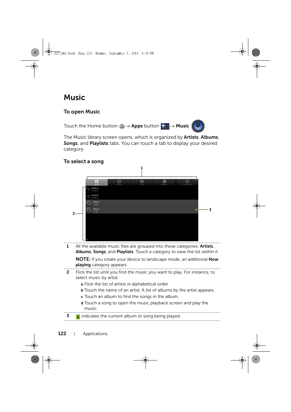 Music, To open music, To select a song | Dell Mobile Streak 7 User Manual | Page 122 / 142