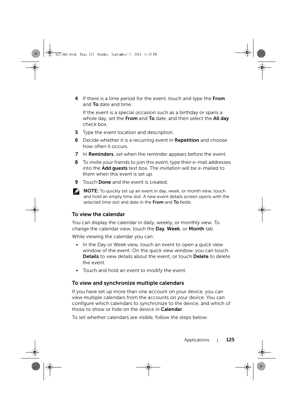 To view the calendar, To view and synchronize multiple calendars | Dell Mobile Streak 7 User Manual | Page 125 / 142