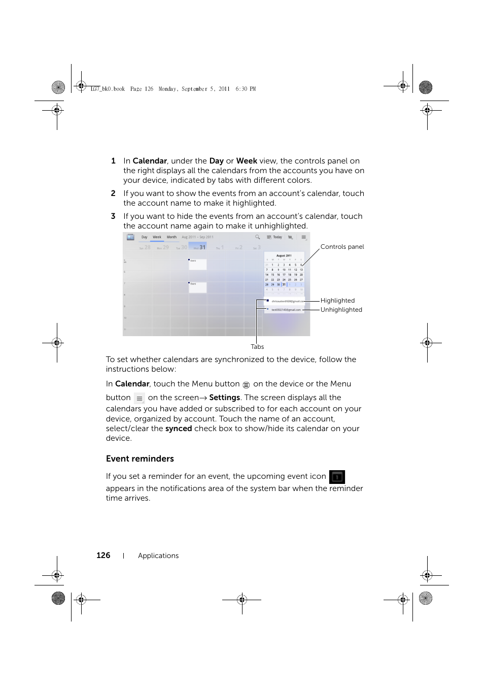 Event reminders | Dell Mobile Streak 7 User Manual | Page 126 / 142