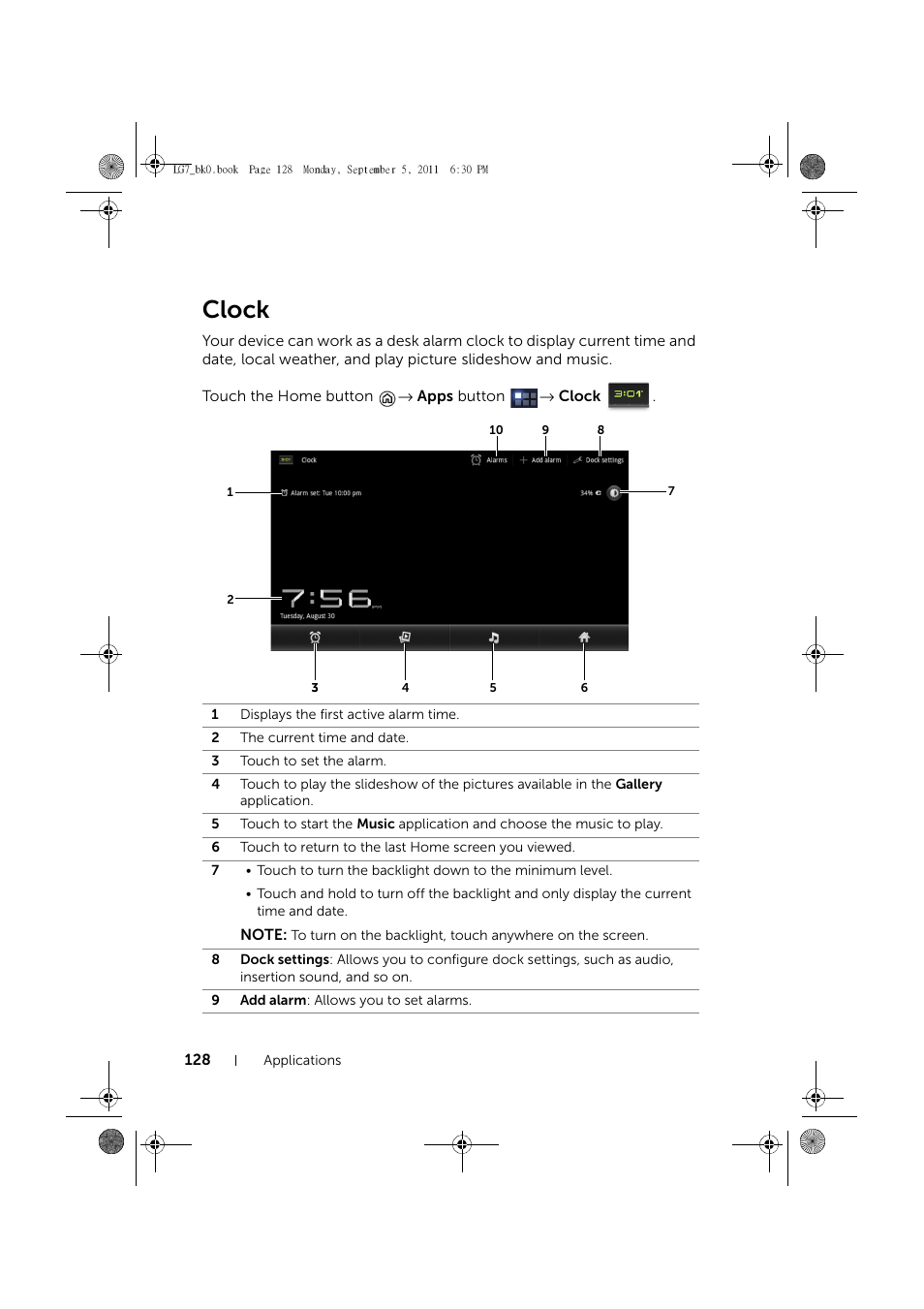 Clock | Dell Mobile Streak 7 User Manual | Page 128 / 142