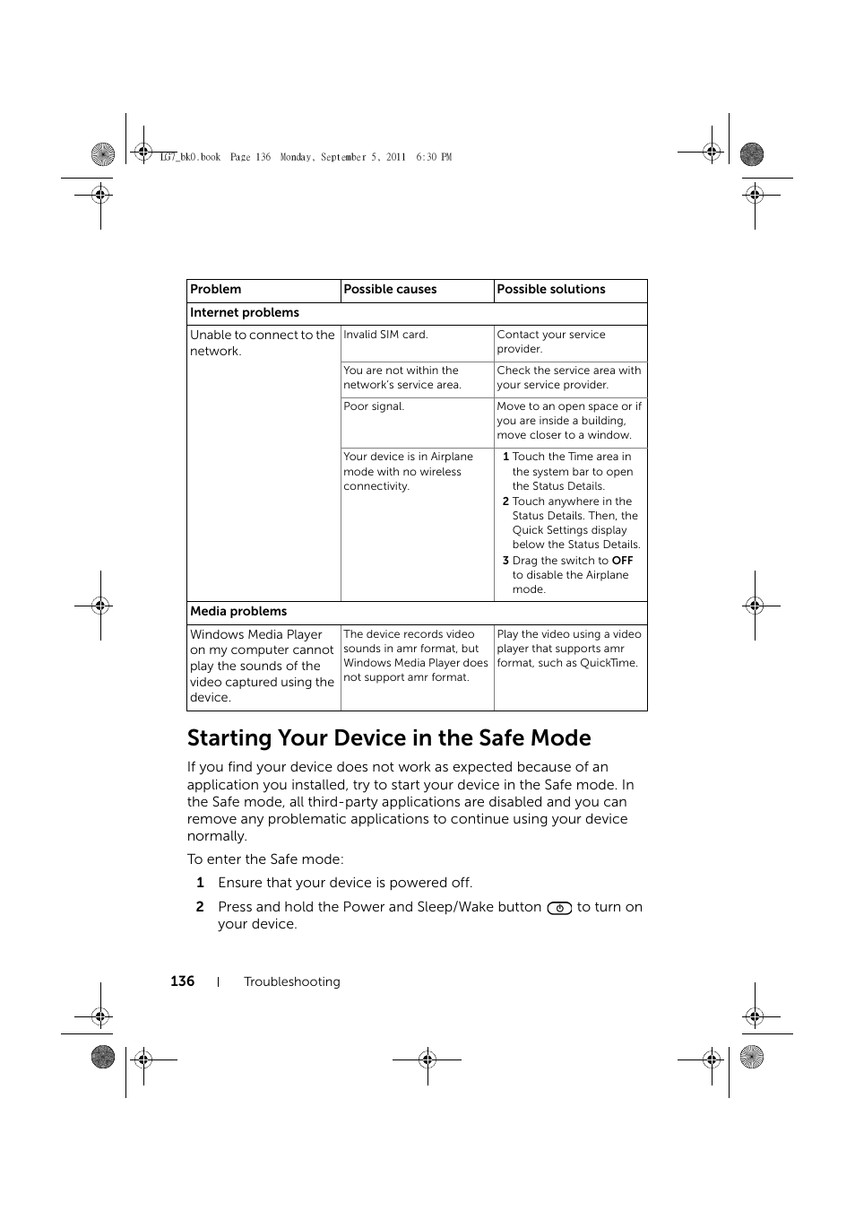 Starting your device in the safe mode | Dell Mobile Streak 7 User Manual | Page 136 / 142