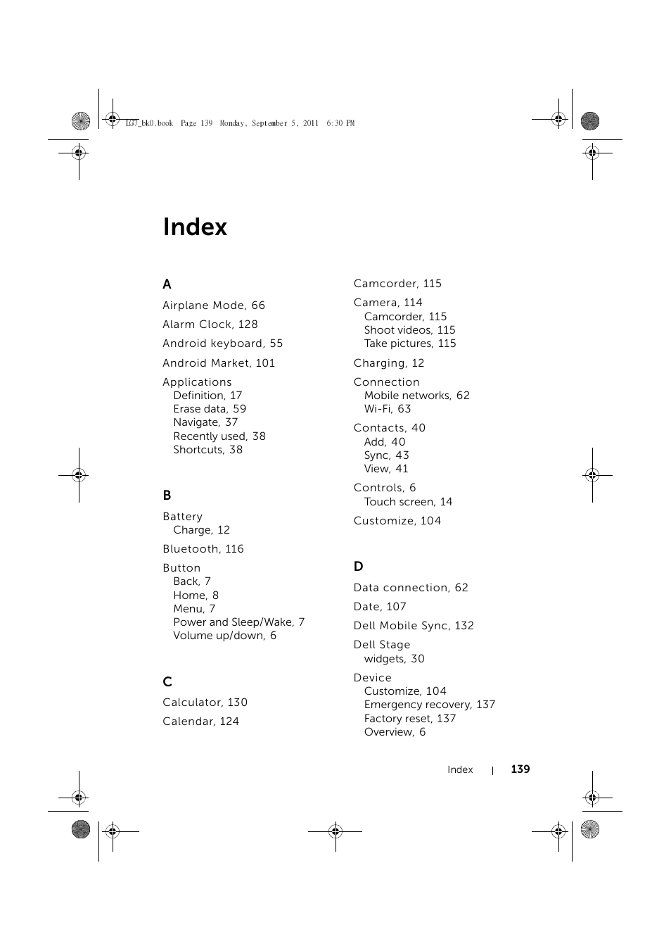 Index | Dell Mobile Streak 7 User Manual | Page 139 / 142