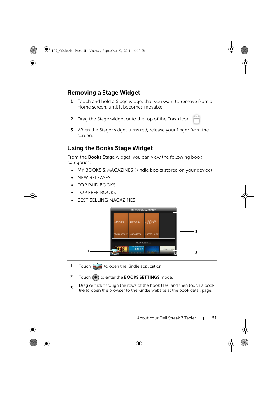 Removing a stage widget, Using the books stage widget | Dell Mobile Streak 7 User Manual | Page 31 / 142