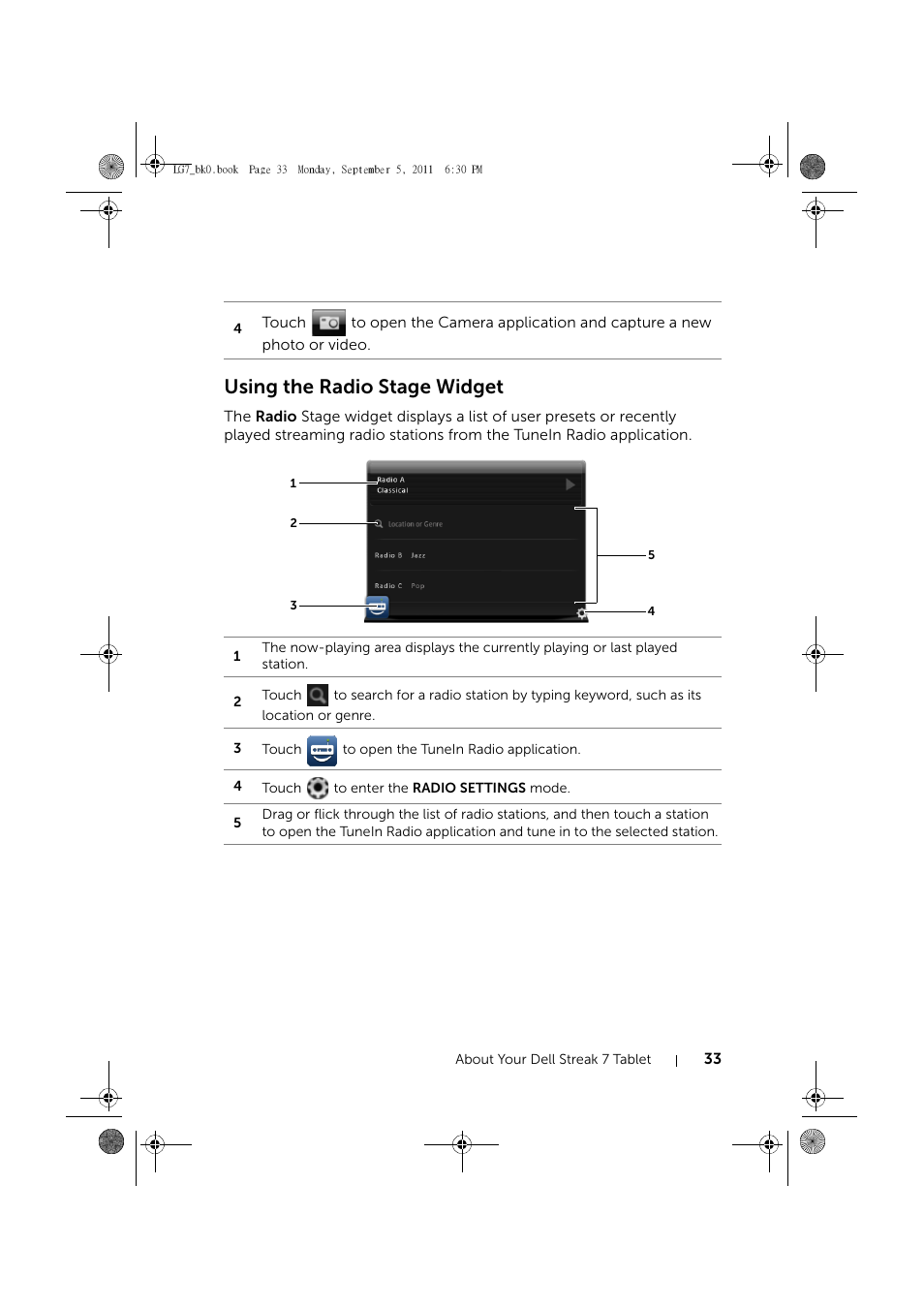 Using the radio stage widget | Dell Mobile Streak 7 User Manual | Page 33 / 142
