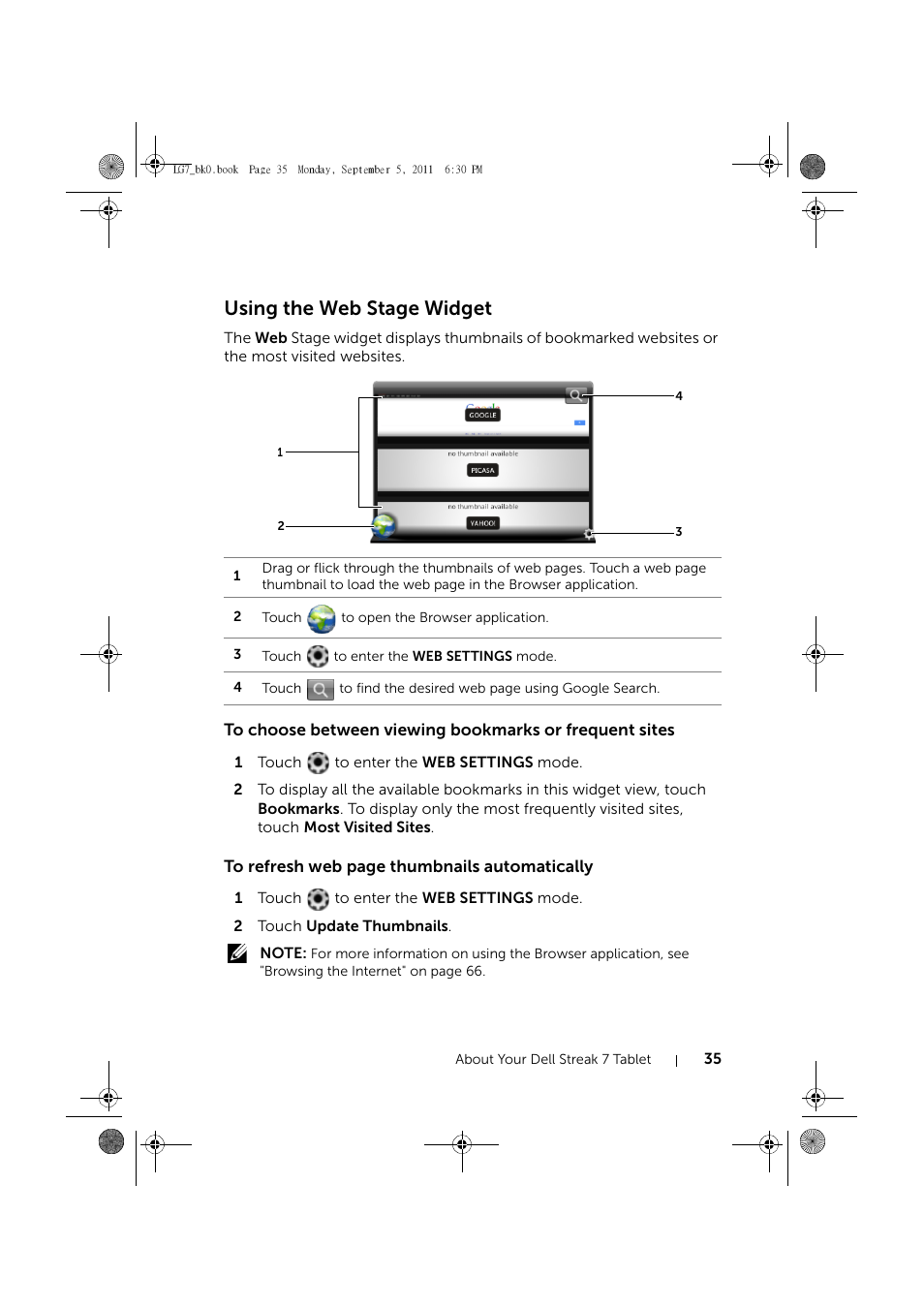 Using the web stage widget | Dell Mobile Streak 7 User Manual | Page 35 / 142