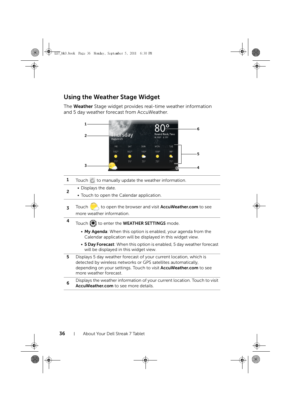 Using the weather stage widget | Dell Mobile Streak 7 User Manual | Page 36 / 142