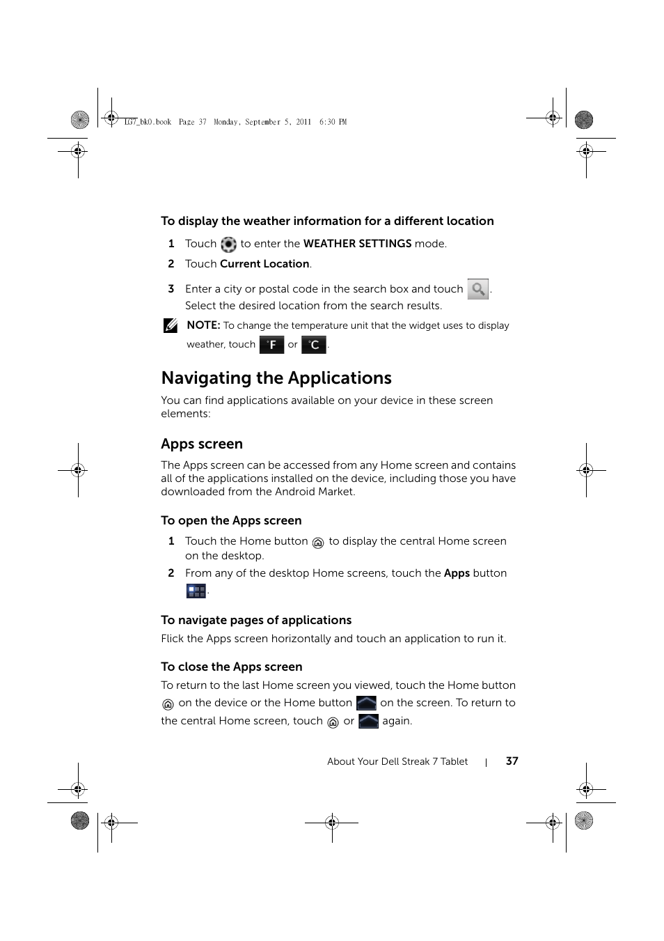 Navigating the applications, Apps screen, To open the apps screen | To close the apps screen | Dell Mobile Streak 7 User Manual | Page 37 / 142