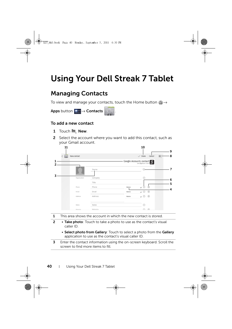 Using your dell streak 7 tablet, Managing contacts, To add a new contact | Dell Mobile Streak 7 User Manual | Page 40 / 142