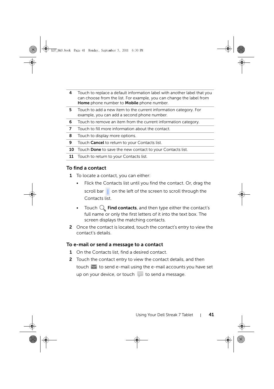 To find a contact, To e-mail or send a message to a contact | Dell Mobile Streak 7 User Manual | Page 41 / 142