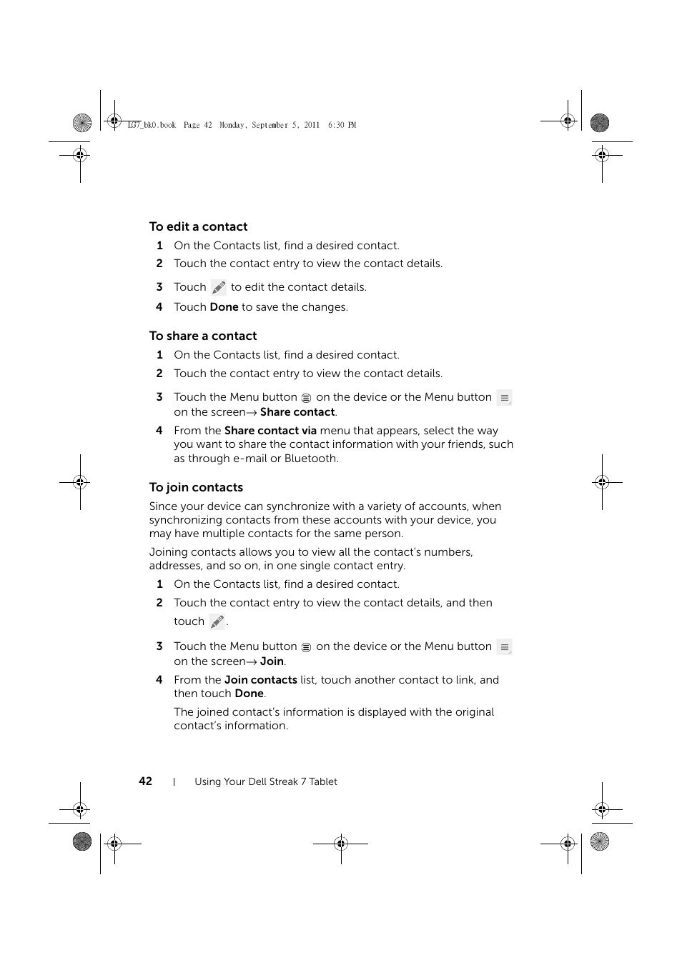 To edit a contact, To share a contact, To join contacts | Dell Mobile Streak 7 User Manual | Page 42 / 142