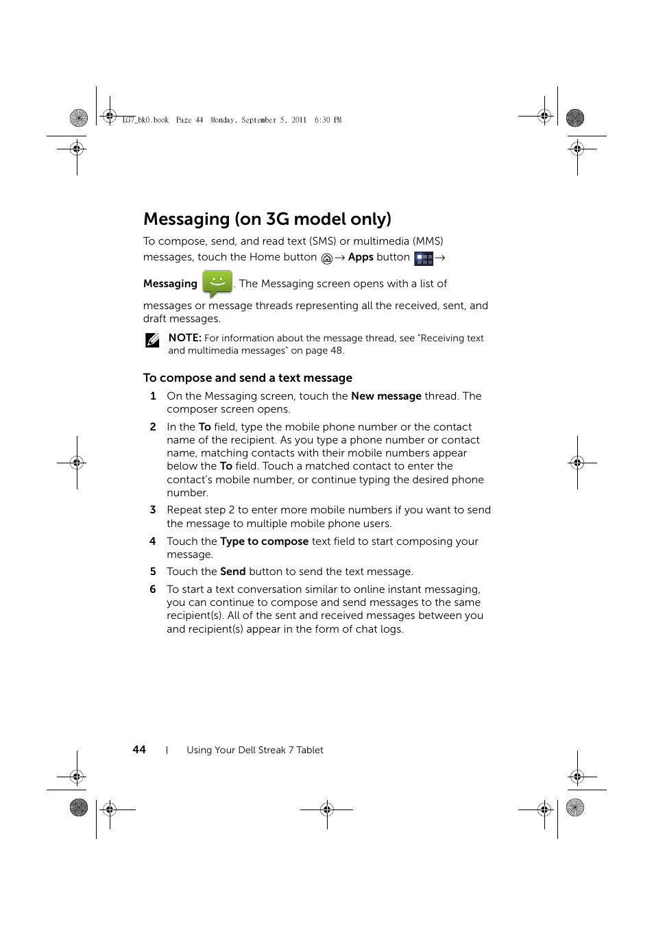 Messaging (on 3g model only), To compose and send a text message | Dell Mobile Streak 7 User Manual | Page 44 / 142