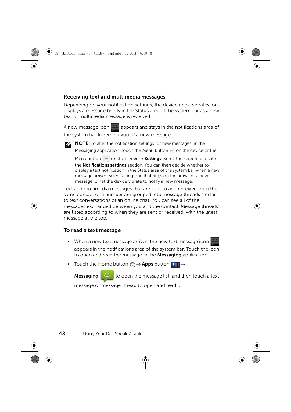 Receiving text and multimedia messages, To read a text message | Dell Mobile Streak 7 User Manual | Page 48 / 142