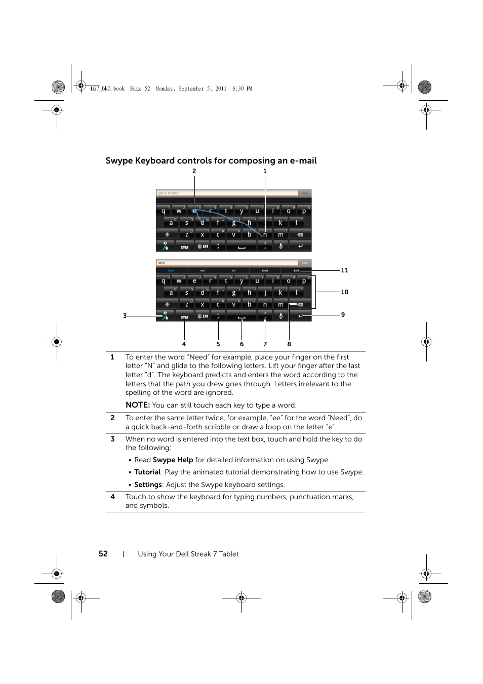 Swype keyboard controls for composing an e-mail | Dell Mobile Streak 7 User Manual | Page 52 / 142