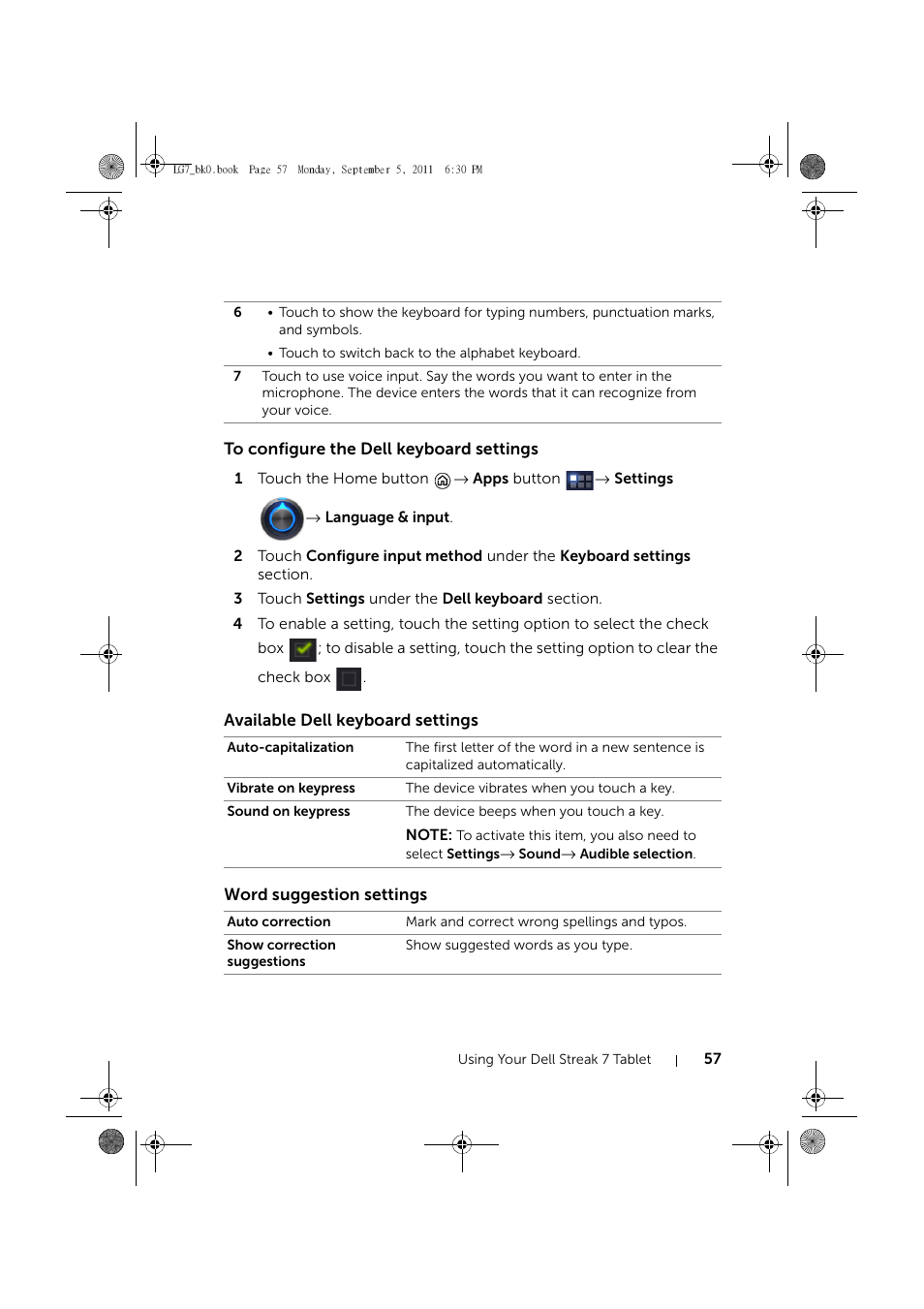 To configure the dell keyboard settings, Available dell keyboard settings, Word suggestion settings | Dell Mobile Streak 7 User Manual | Page 57 / 142