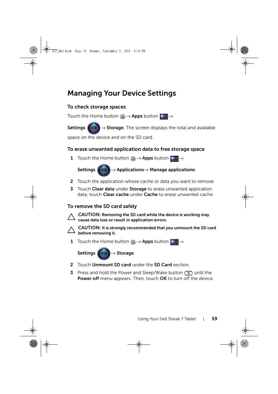 Managing your device settings, To check storage spaces, To remove the sd card safely | Dell Mobile Streak 7 User Manual | Page 59 / 142