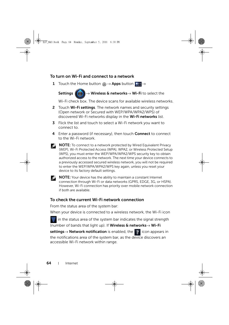 To turn on wi-fi and connect to a network, To check the current wi-fi network connection | Dell Mobile Streak 7 User Manual | Page 64 / 142