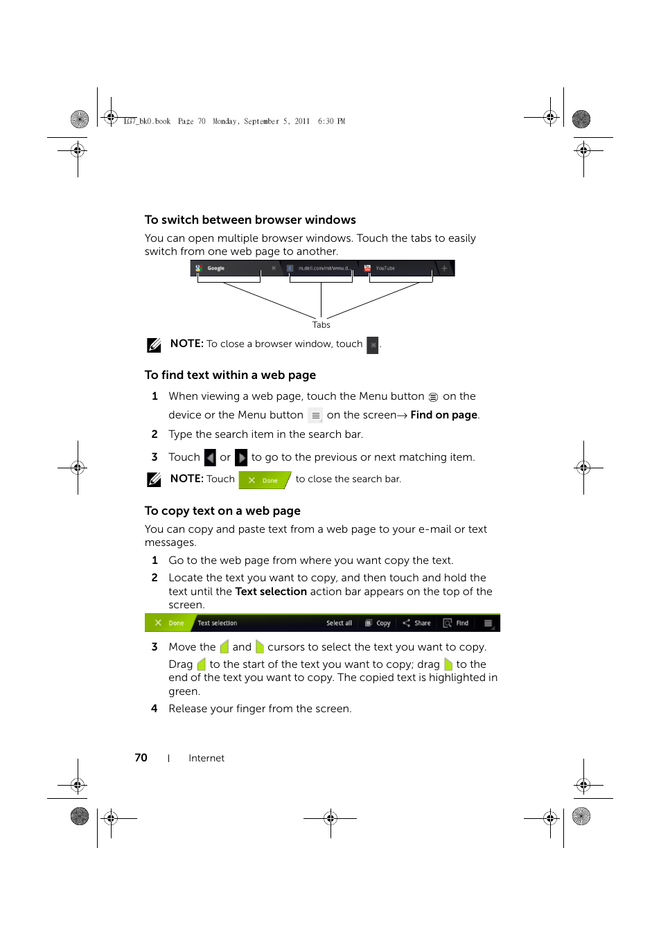 To switch between browser windows | Dell Mobile Streak 7 User Manual | Page 70 / 142