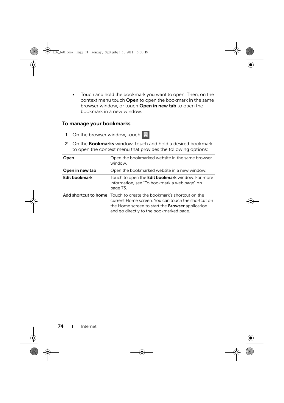 To manage your bookmarks | Dell Mobile Streak 7 User Manual | Page 74 / 142