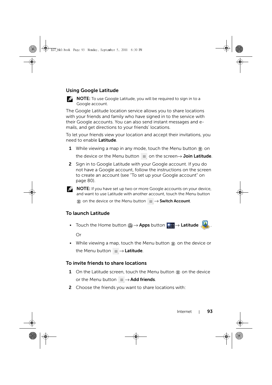 Using google latitude, To launch latitude, To invite friends to share locations | Dell Mobile Streak 7 User Manual | Page 93 / 142