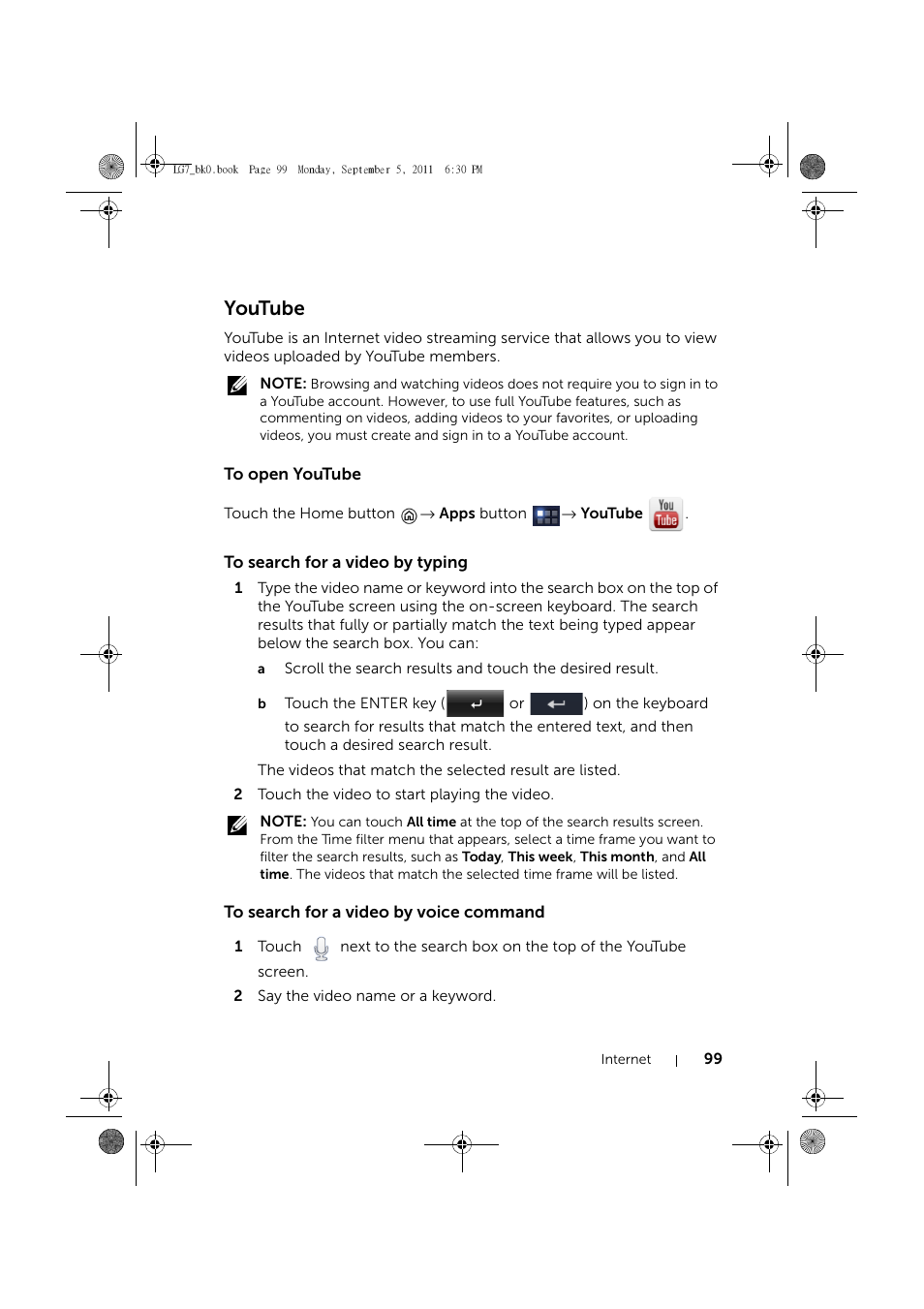Youtube, To open youtube, To search for a video by typing | To search for a video by voice command | Dell Mobile Streak 7 User Manual | Page 99 / 142
