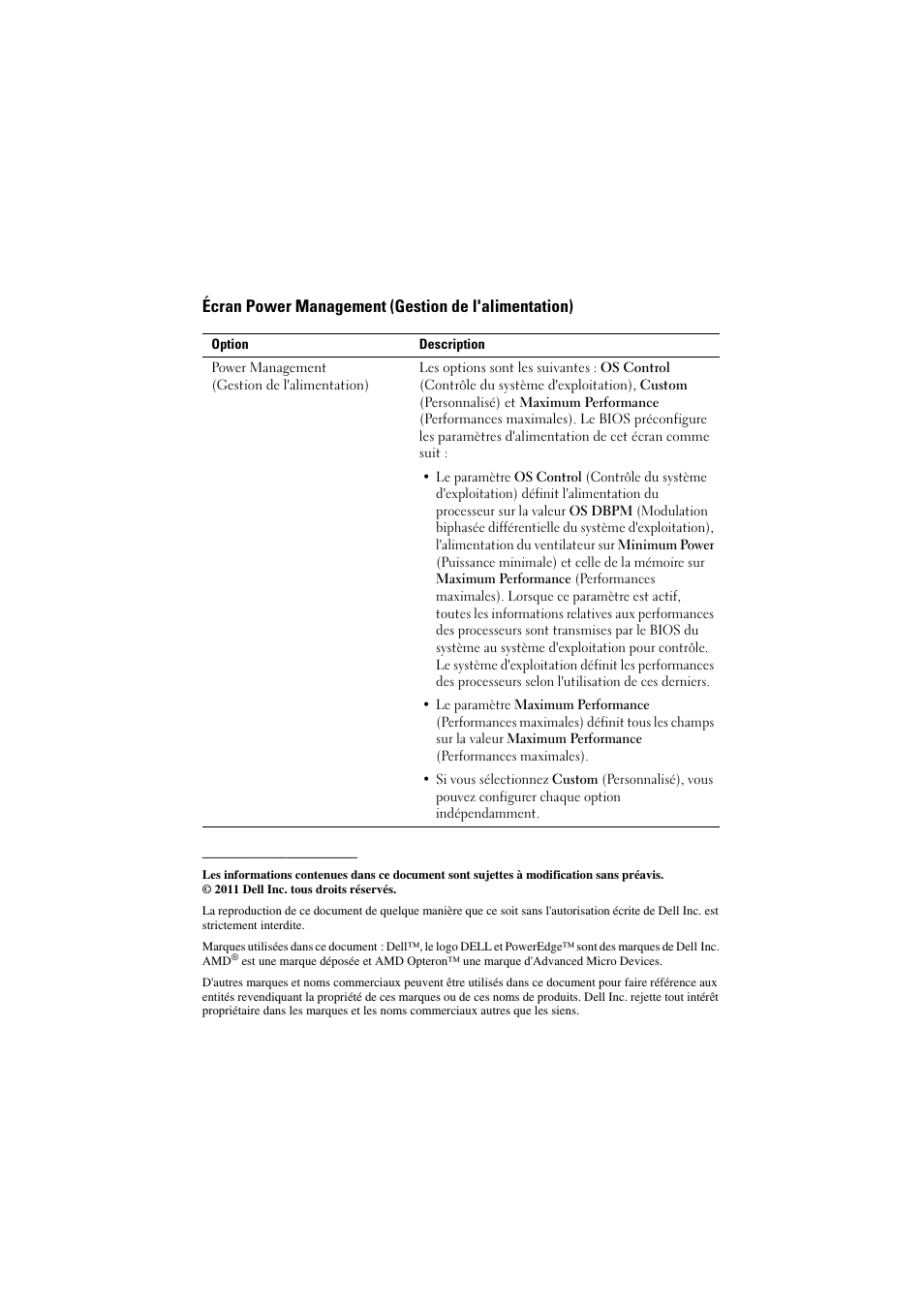 Écran power management (gestion de l'alimentation) | Dell PowerEdge R415 User Manual | Page 11 / 27