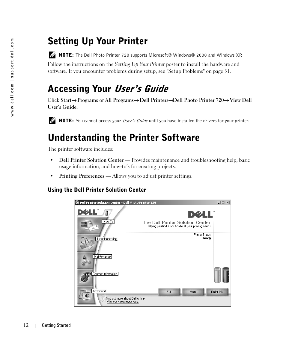 Setting up your printer, Accessing your user’s guide, Understanding the printer software | Using the dell printer solution center, Accessing your, User’s guide | Dell 720 Color Printer User Manual | Page 12 / 76