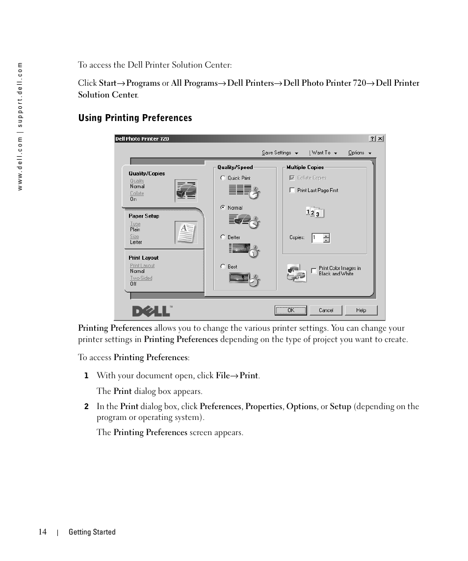 Using printing preferences | Dell 720 Color Printer User Manual | Page 14 / 76