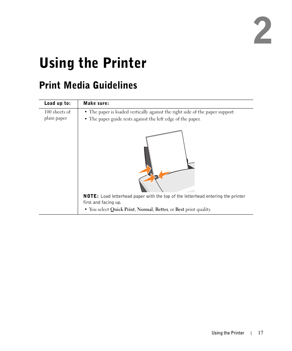 Using the printer, Print media guidelines | Dell 720 Color Printer User Manual | Page 17 / 76