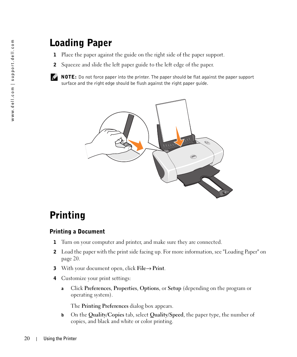 Loading paper, Printing, Printing a document | Dell 720 Color Printer User Manual | Page 20 / 76